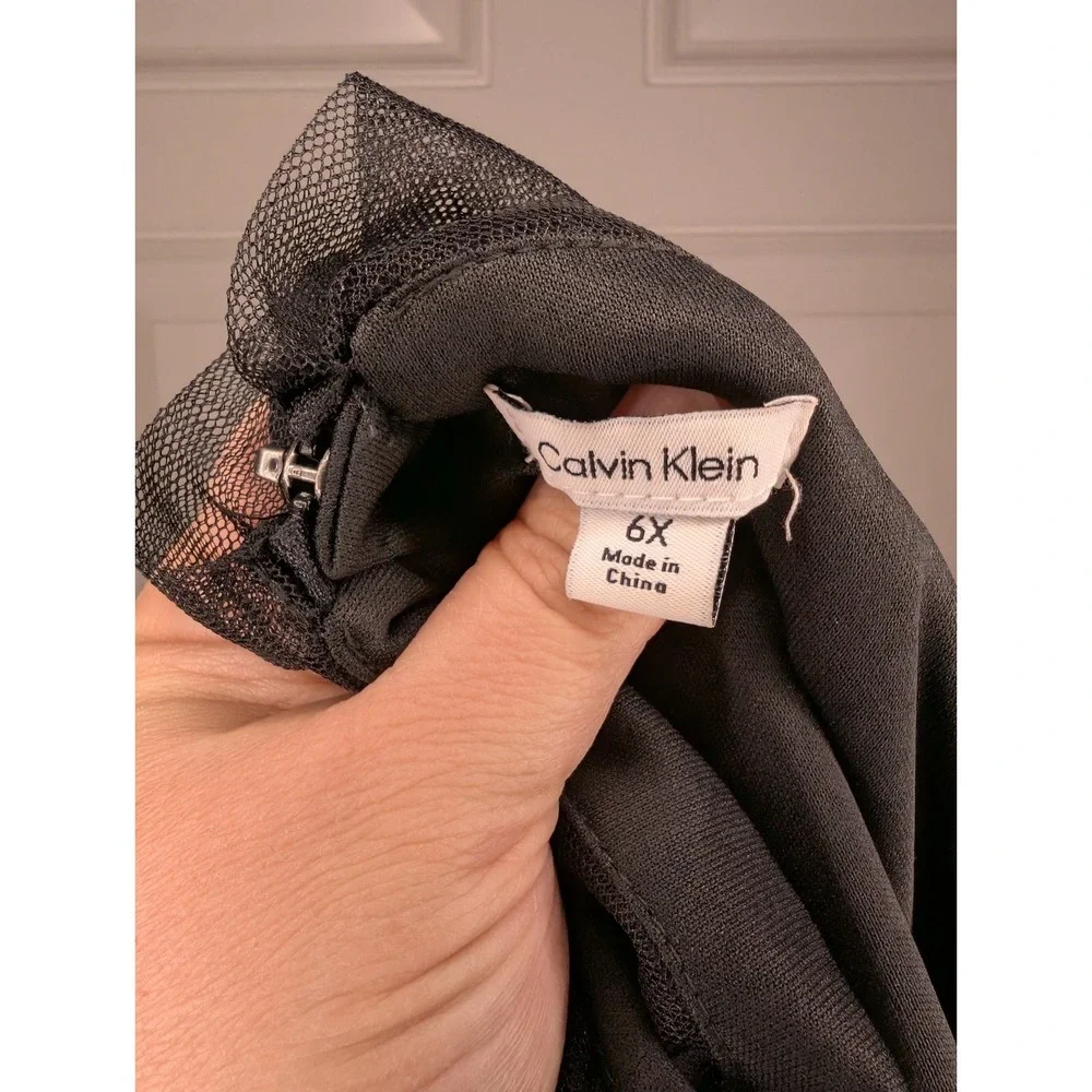 Calvin Klein Little Girls Illusion Mesh Bow Black Sleeveless Dress Size 6X Party